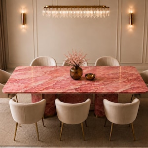 Mesa de comedor rectangular rosa ónix, lujosa piedra natural, muebles modernos con pedestal.