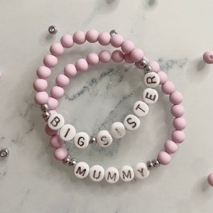 CHILDRENS personalised name bracelet. Matching Adult/Mama, Mummy also available to purchase in the shop. Perfect Big sister baby announcemen