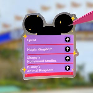 May include: A clear sticker with a Mickey Mouse head shape at the top. Below the head is a purple rectangle with the words "Epcot", "Magic Kingdom", "Disney's Hollywood Studios", and "Disney's Animal Kingdom". Each line has an upward-pointing arrow.