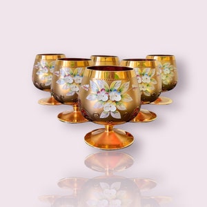 Bohemia 24kt Gold 6 Cognac Whisky Glasses Crystal Hand Painted Brandy Vintage Gift
