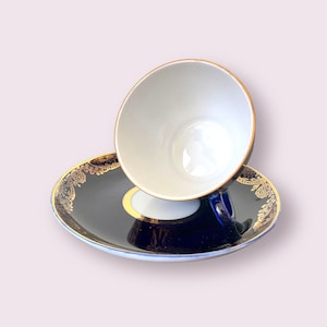 Lomonosov Cobalt Blue Gold 22kt 70s Porcelain Teacup, Cup Saucer Duo Gift USSR