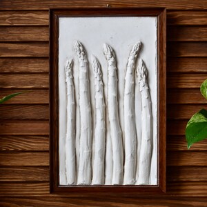 Asparagus botanical bass relief handmade botanical plaster art wooden vintage frame image 2