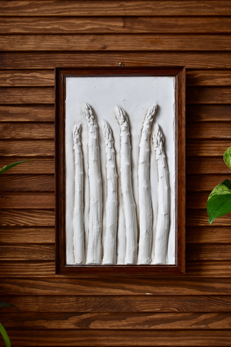 Asparagus botanical bass relief handmade botanical plaster art wooden vintage frame image 2