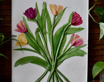 Tulipa - A bouquet of Tulips - handpainted - botanical bass relief - handmade botanical plaster art