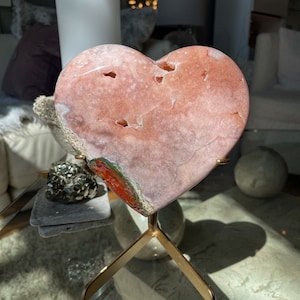 Chunky Extra Vibrant Pink and Purple Pink Amethyst Druzy Heart with Red and Green Jasper on Gold Stand 9”