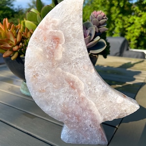 Large Pink Amethyst and Quartz Self Standing Moon
