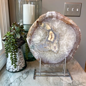 GIANT Agate Slab with Baby Pink Druzy and Yellow, Green, and Blue Bands on Silver Display Stand 17”