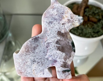 Lavender Pink Amethyst with Moss Agate and Quartz Dog Carving 3.75” “Bailey”