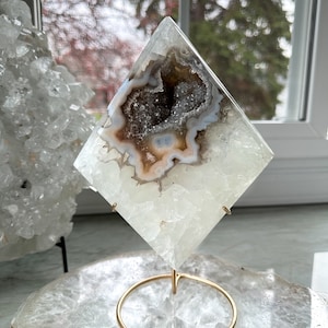 Agate and Quartz Druzy Diamond Free Form Home Decor 9” - Brown, Yellow, Blue Banded Brazilian Agate