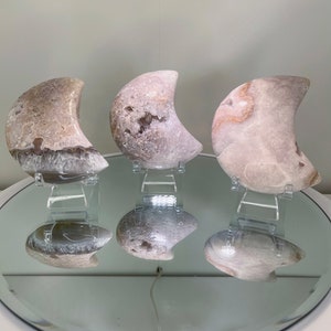 Pink Amethyst Druzy Crystal Moon Carving with Clear Acrylic Display Stand