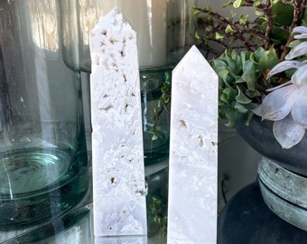 Stark White Druzy Snow Agate Towers With Quartz and Fine Sugar Druzy