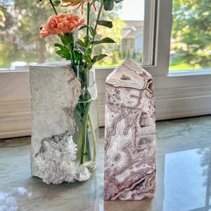 Mexican Crazy Lace Agate Tower - Large 8.5” - Mauve and Baby Blue Bands with Quartz Druzy