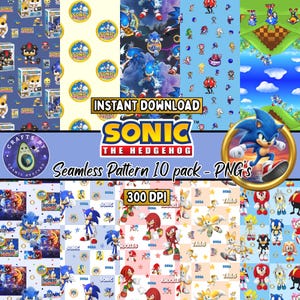 May include: A digital download featuring ten seamless patterns with Sonic the Hedgehog characters. The patterns include various designs with Sonic, Knuckles, Tails, and other characters. The image also includes the text "Instant Download" and "300 DPI".