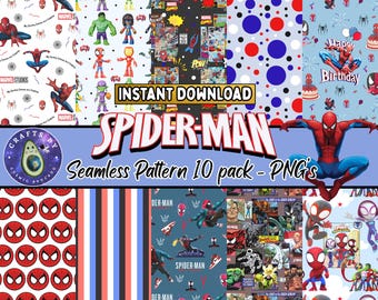 May include: A collection of ten Spider-Man themed seamless patterns in various designs. Patterns include comic book panels, character illustrations, and birthday themes. The image also includes the text "Instant Download" and "Seamless Pattern 10 pack - PNG's".