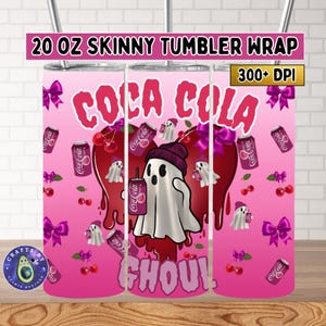 May include: A pink 20 oz skinny tumbler wrap with a Coca-Cola theme. The design features a ghost holding a Coca-Cola can, cherries, and Coca-Cola cans. The words "COCA COLA" and "GHOUL" are also visible.