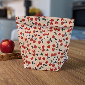 Lunch bag réutilisable, sac repas, sac à goûter lavable en coton enduit motif cerises