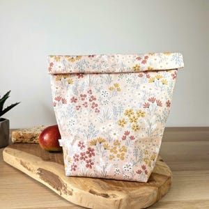 Lunch bag réutilisable, sac repas, sac à goûter écologique, lavable en coton enduit rose fleuri