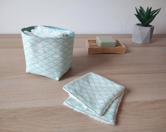 Lingettes démaquillantes lavables - Lot de 7 avec panier - Motifs vagues japonaises