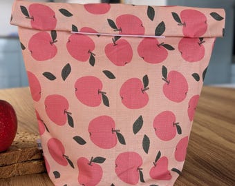 Reusable lunch bag, eco-friendly lunch bag, washable snack bag for girls, coated cotton, pink fruit patterns