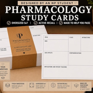 May include: A stack of white pharmacology study cards with a brown paper band, featuring the text "PHARMONY STUDY TOOLS MASTERED". The cards are oversized at 5x7 inches and designed for nursing and healthcare students. The text on the cards includes "Drug", "MOA", "Side Effects", and "Implications".