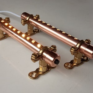 2x 15cm / 6&quot; 12V Copper Lights. Touch Control Dimming or Push Switch. Brass Mounting Brackets. Shelf light campervan, boat, caravans.