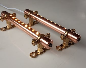 2x 15cm / 6" 12V Copper Lights. Touch Control Dimming or Push Switch. Brass Mounting Brackets. Shelf light campervan, boat, caravans.