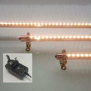 May include: Three copper-coloured LED light bars with warm white lights, mounted on ornate brass fixtures. A black power adapter with a two-pin plug is in the lower left corner. The lights are designed for decorative or functional use.