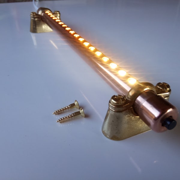 Copper pipe 12V / Mains long led light with switch. Supplied with brass hospital clips. Campervan, motorhome, boat, reading light.