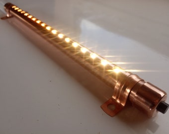 Copper pipe 12V / Mains long led light with switch. Supplied with copper saddle clips. Campervan, motorhome, boat, reading light, steampunk.