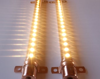 2x Copper Pipe 12V / Mains Long LED Lights with Builtin on/off Switch and Copper Saddle Clips. Campervan, Boat, Cupboard light Reading light