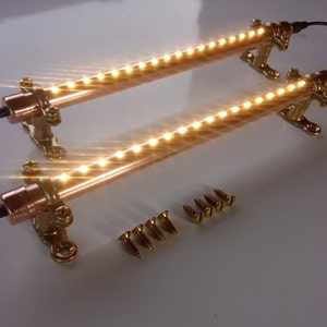 May include: Two copper pipe LED light fixtures with warm white lights. Each fixture has a brass mounting bracket and comes with screws for installation.