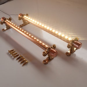 2x 12V Touch Control with Dimmer. Long Copper LED Light Fixture with Brass Mounting Rings. Kitchen Light, Reading Light, Campervans, Boats.