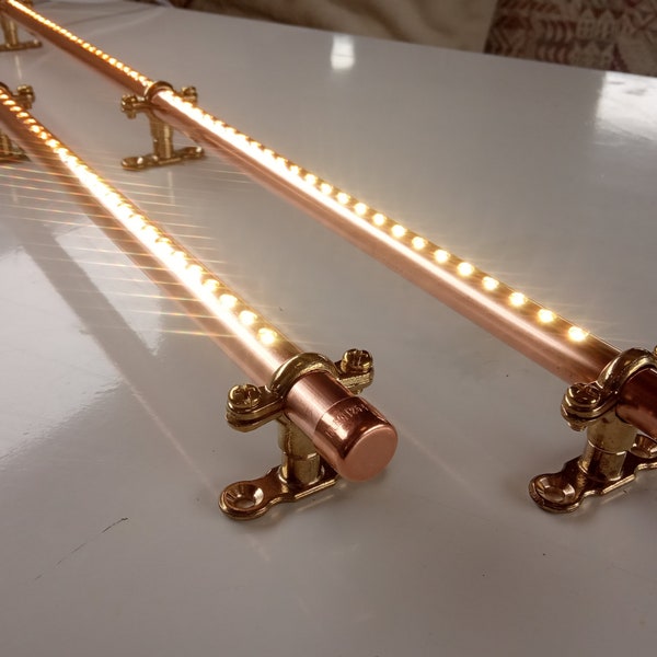 2x 65cm / 2.1ft Mains Touch Dimmer or Push Switch, Copper Lighting Fixtures with Brass Mounts. Wall Light, Ceiling Light, Cabinet Light.