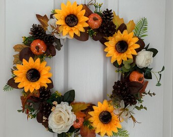 Autumn Wreath, Halloween, Pumpkins, Front Door Wreath, Sunflowers, Pine Cones, Spooky, Halloween Wreath, Maple Leaves, Autumn Front Door