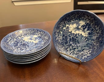 Platos con diseño de J & G Meakin Merrie England, platillos de cerámica de transferencia azul, 7