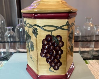 Tarro de cerámica vintage Nonni's pintado a mano con diseño de uvas y tapa.