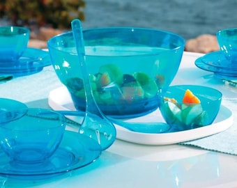 New Frontgate Tritan Aqua pool blue Dinnerware Salad Bowl With Spoons