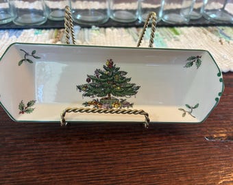 Árbol de Navidad vintage Spode England, bandeja rectangular de 23 cm (9 pulgadas), color menta, estilo cottagecore.
