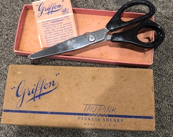 Tijeras de zigzag Griffon Tru-Pink vintage en caja con instrucciones, tijeras de costura para costurera en su caja original.