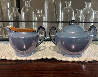 Juego de té y café de Noritake Japan Blue Lusterware, jarra para crema y azucarero