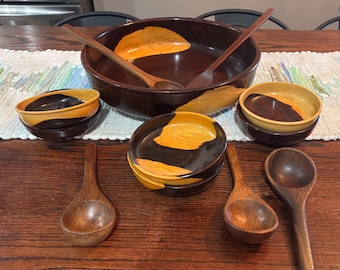 Juego grande para servir ensaladas, de madera tallada a mano, de ébano caribeño, 12 piezas.