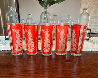 Juego de 5 vasos altos vintage Culver Red Gold Siam Thai Goddess de mediados de siglo