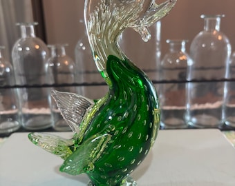 Uccello in vetro di Murano Uranio Vaselina Verde Anatra e Trasparente Alto 20 cm Luminoso