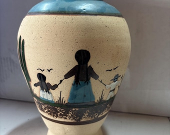 Vintage Tonala Mexico Mother Son Daughter pottery vase stoneware 7.75 In