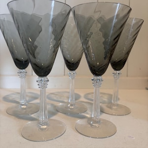 Fostoria PAVILION SMOKE GRAY Optic Swirl Stem Wine Crystal Glasses 7 7/8" set of 5