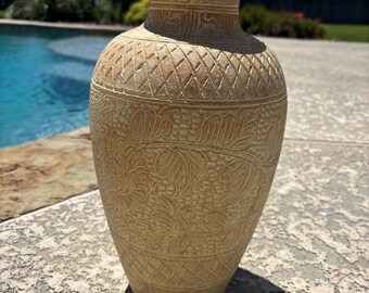 Vintage Hand Carved Thai pottery Vase cream color 13.5” tall