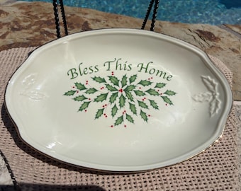 Plateau de service ovale de la collection Holiday Lenox, bord en or 24 carats Bless This Home