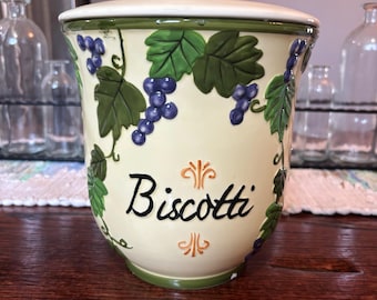Tarro de cerámica para galletas biscotti Nonni’s Tuscan Grapes, con tapa hermética.