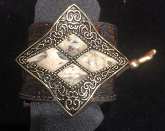 Brazalete de cuero con jaspe de Barse, tono dorado, estilo occidental, ajustable