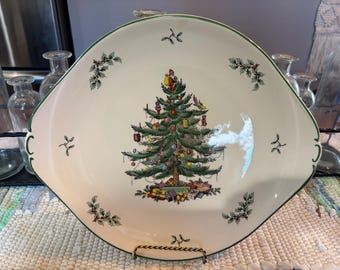 Bandeja de servir Spode con diseño de árbol de Navidad y doble asa, 33 x 29 cm, color menta.